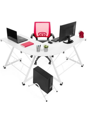 Best Choice Products Modular L-Shape Desk Workstation for Home, Office w/ Wooden Tabletop Keyboard Tray - White