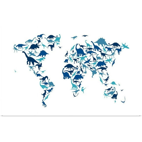 Great BIG Canvas | "Dinosaur Map of the World, Blue" Art Print - 24x16
