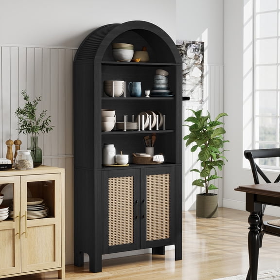 Hawsaiy 71" Arched Pantry Cabinet with Doors, Tall Arch Bookcase with Adjustable Shelves, Mid-Century Modern Kitchen Pantry Storage Cabinet for Living Room, Black