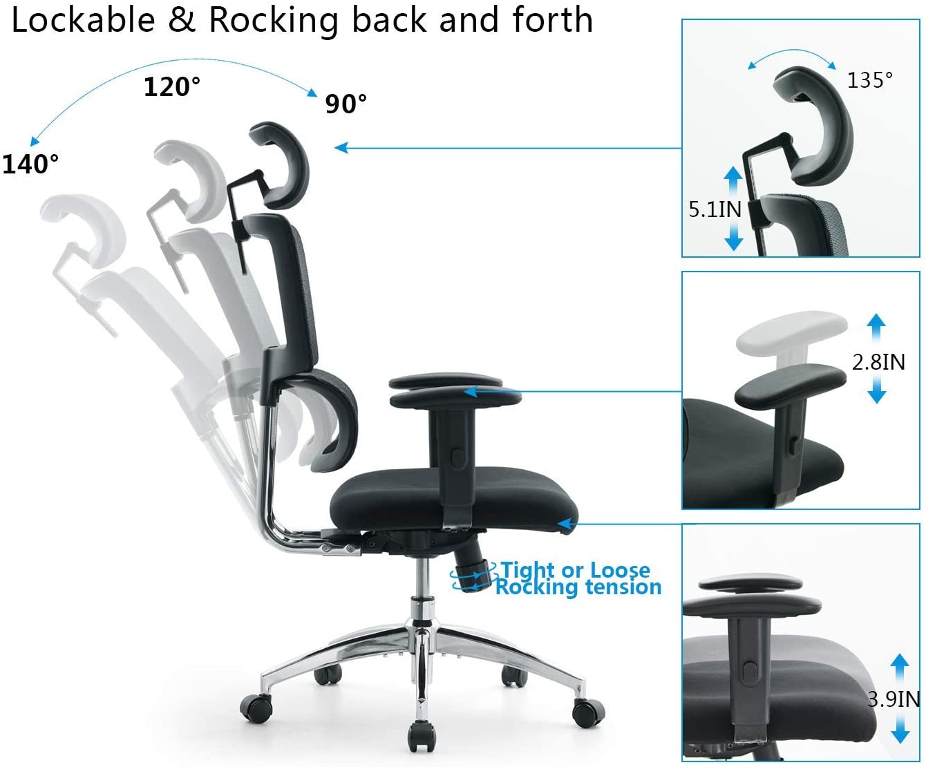 Ticova Ergonomic Office Chair - High Back Desk Chair with Elastic Lumbar Support & Thick Seat Cushion - 140°Reclining & Rocking Mesh Computer Chair with Adjustable Headrest, Armrest - image 2 of 5