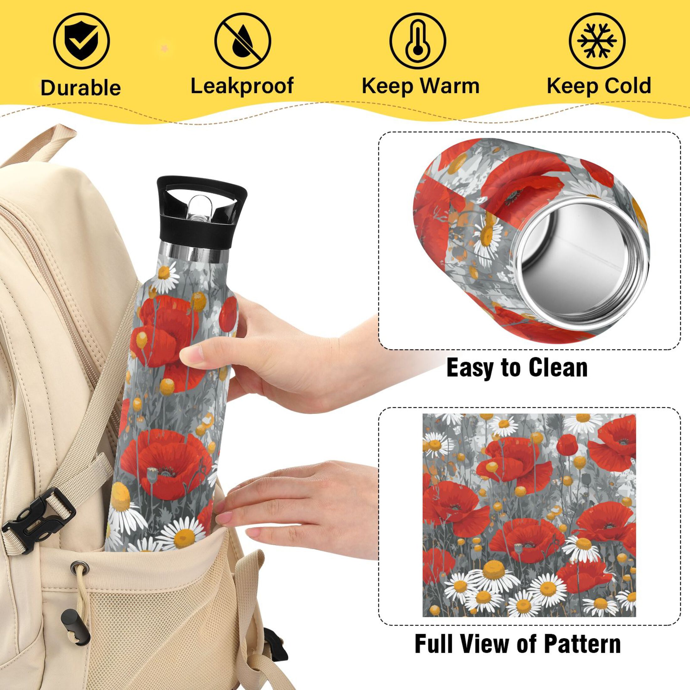 Kids Insulated Stainless Steel Sports Water Bottle 600ml (20oz) Red Flowers and Daisies