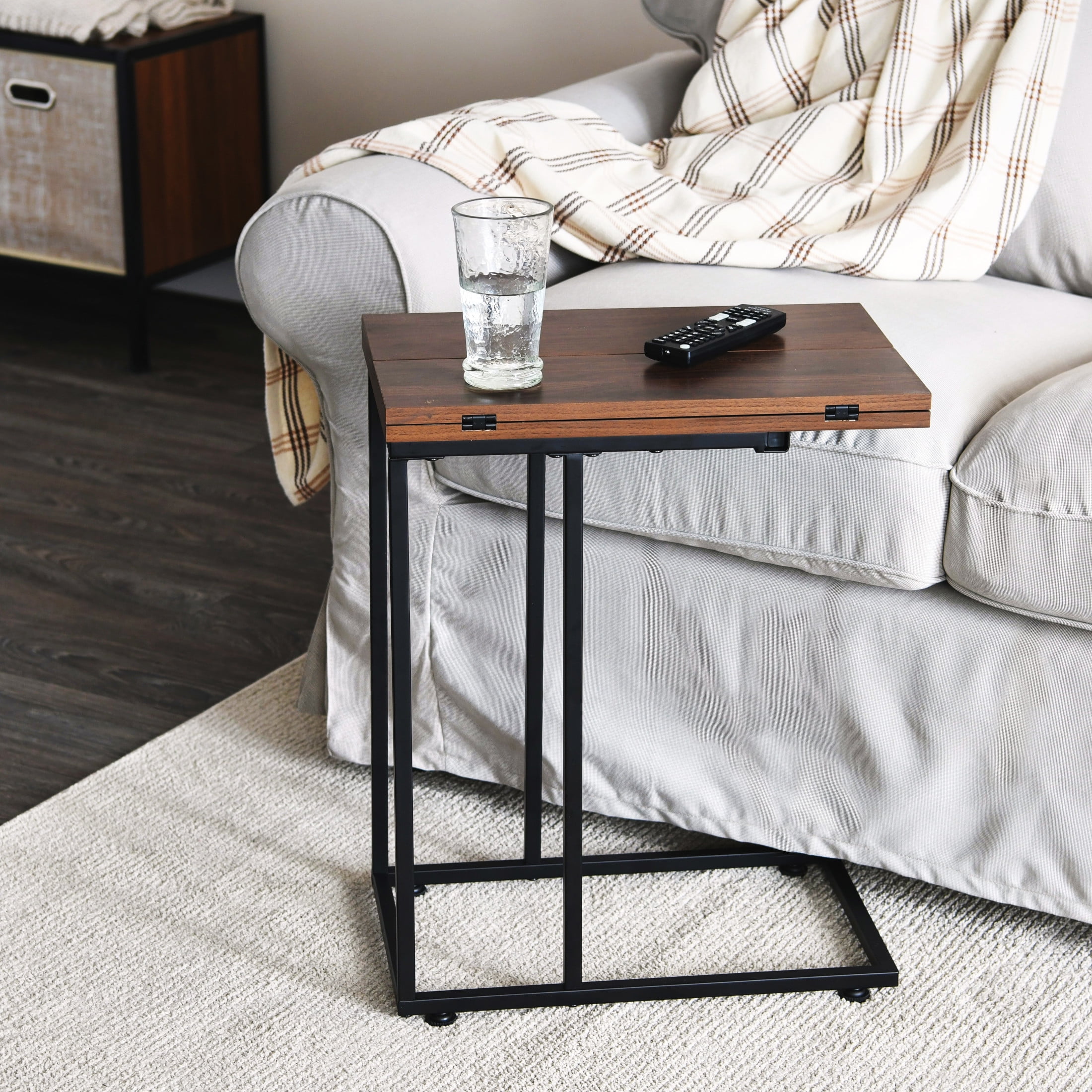 Household Essentials Jamestown Extendable C-Shaped for Accessiblity Side End Table Mid Century Walnut Wood Grain and Black Metal