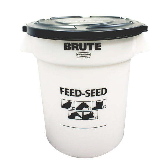 Rubbermaid Commercial Products BRUTE Container with Lid 20 Gal Feed/Seed White, for Bird/Animal/Pet Food