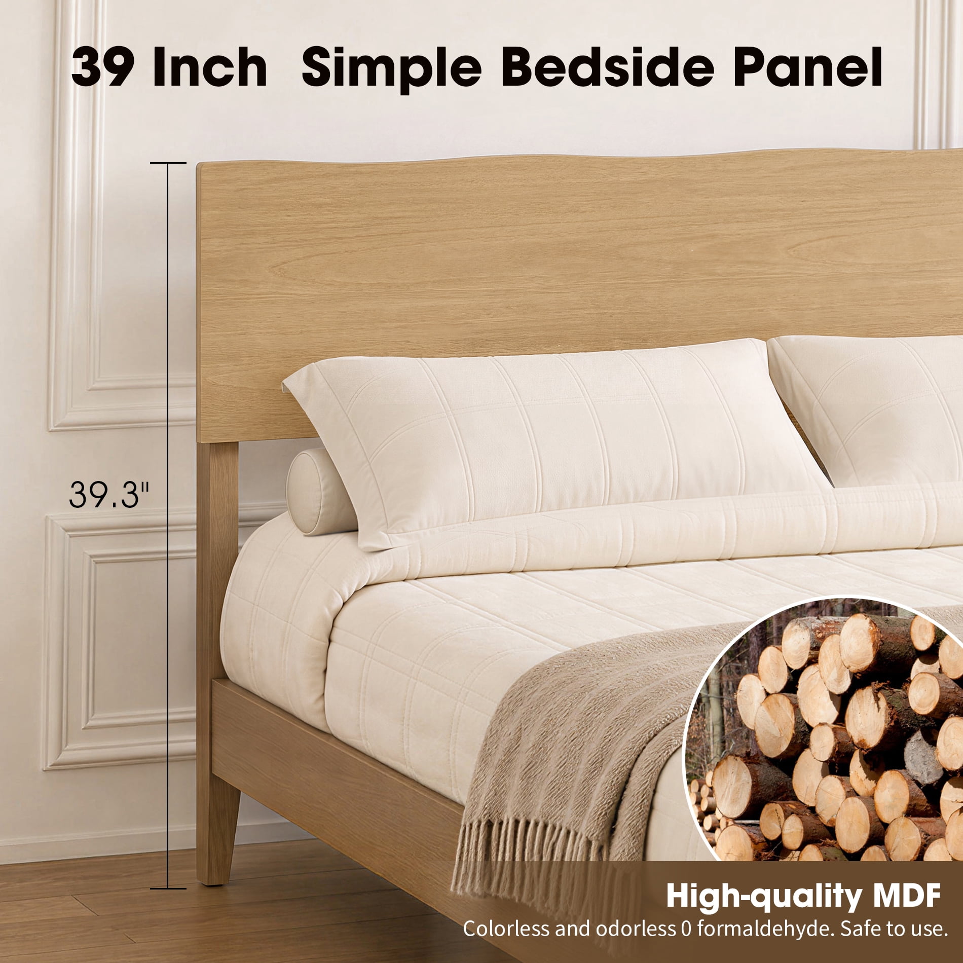 Queen Bed Frame with Wave Headboard, Solid Wood Legs,Oak