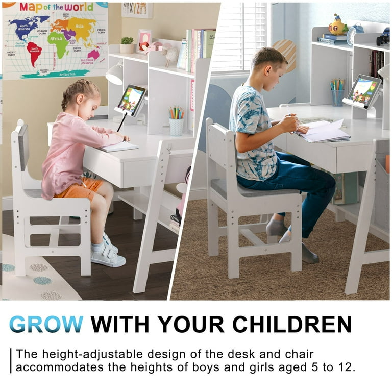 GOPLUS Kinderbureau voor meisjes en jongens, in de vorm van een huis, kindertafel met ergonomische stoel, studiebureau met opslag, plank en laden, voor slaapkamer en kleuterschool (grijs