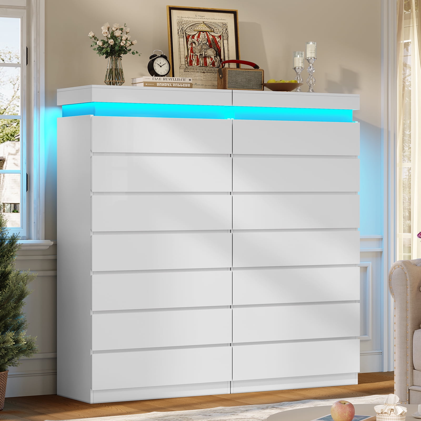 Afuhokles White Tall Dresser Wood 7 Drawer Dressers for Bedroom with LED Light, Wood Chest of Drawers Storage Cabinet.
