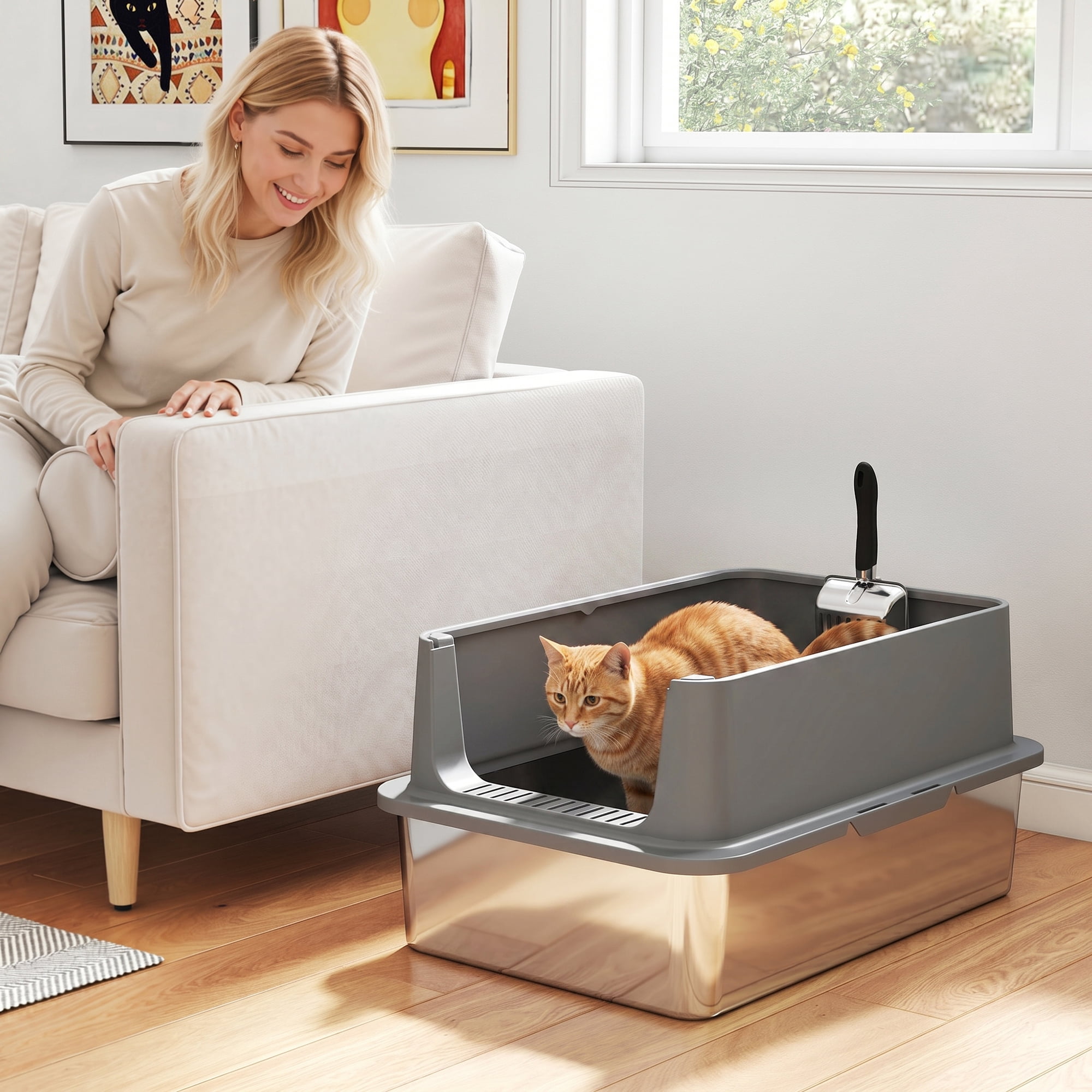 PawHut Extra Large Stainless Steel Cat Litter Box High Sided, Anti-Urine Leakage, Easy Cleaning, Non-Sticky, Never Absorbs Odors, Include Scoop & Pad