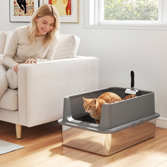 PawHut Extra Large Stainless Steel Cat Litter Box High Sided, Anti-Urine Leakage, Easy Cleaning, Non-Sticky, Never Absorbs Odors, Include Scoop & Pad