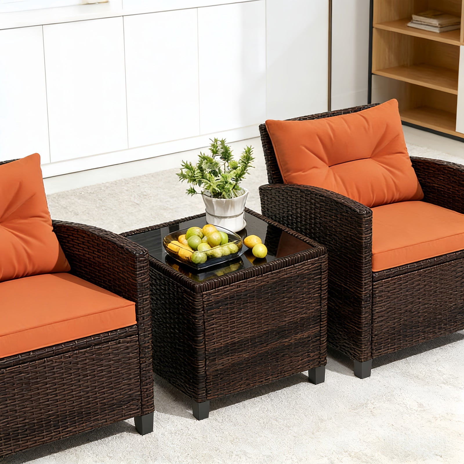 Hommoo 3 PCS Rattan Patio Furniture Set, Outdoor Brown Wicker Conversation Set with Glass Tabletop & Orange Cushion