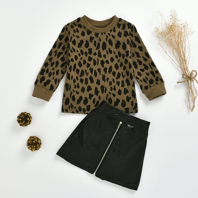 Mialoley Toddler Kids Baby Girl Leopard Cheetah Print Sweater Top + Zipper  Leather Skirt 