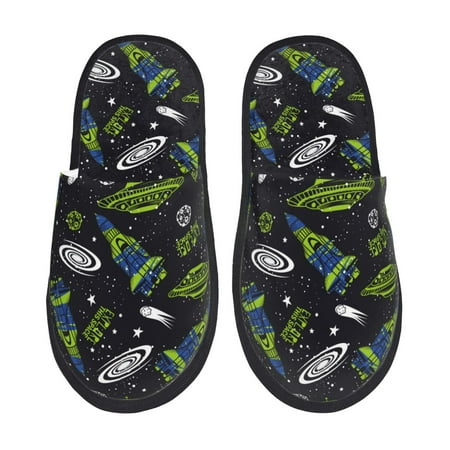 Balery Space Rockets Slient Indoor Furry Fleece Comfort House Shoes Soft Non-Slip Home Shoes Cotton slippers House Slippers-- Large