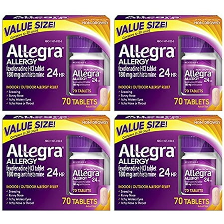 Allegra 24 Hour Allergy Tablets 70 ea Allegra 24 Hour Allergy Relief Tablets 180 mg 70 Count INCLUDES: 70-count bottle of Allegra Adult Non-Drowsy Antihistamine Tablets for 24-Hour Allergy Relief 24-HOUR RELIEF: One pill is all you need for round-the-clock relief from your worst allergy symptoms FAST-ACTING: Allegra 24-Hour Allergy starts working in one hour for fast relief from sneezing  runny nose  itchy and watery eyes  and itchy nose or throat NON-DROWSY: Formulated with active ingredient fexofenadine  a non-drowsy antihistamine INDOOR & OUTDOOR ALLERGIES: Use Allegra tablets for indoor and outdoor allergies  including seasonal allergies and pet allergies