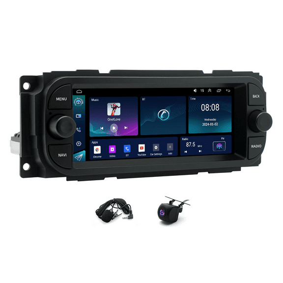 2 32GB Android 15 Car Stereo 6.86in CarPlay Android Auto GPS WiFi FM RDS Bluetooth AHD Backup Camera Microphone for Jeep Dodge GrandCherokee