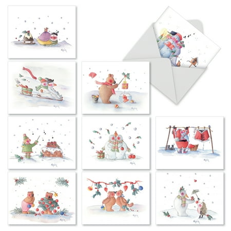 M2323 SNOW BUDDIES' 10 Assorted Merry Christmas Note Cards Featuring Snowmen And Bears And Santa Too with Envelopes by The Best Card