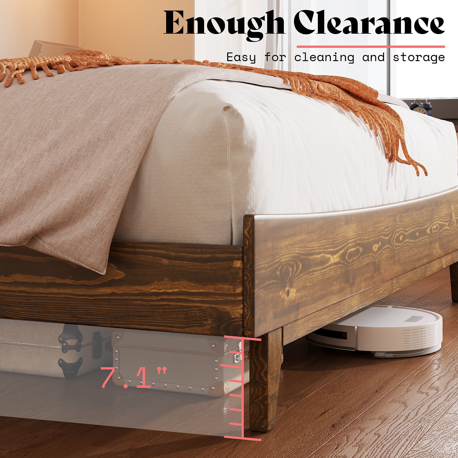 VanAcc Queen Size Solid Wood Bed Frame Platform with Wooden Headboard, Caramel