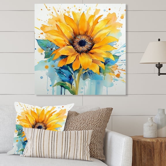 Designart "Golden Sunflowers in Yellow and Blue III" Floral Metal Wall Decor