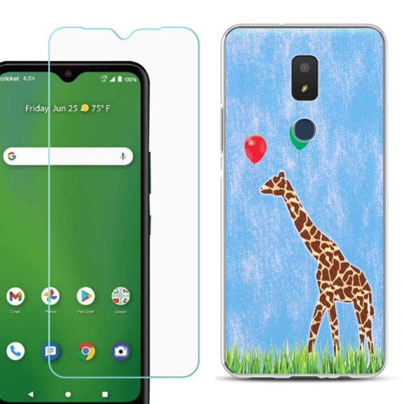 Slim-Fit TPU Fashion Phone Case for Cricket Icon 3, with Tempered Glass Screen Protector, by OneToughShield ® - Giraffe/Balloon
