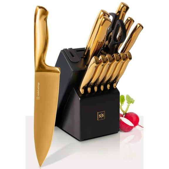 Black and Gold Knife Set with Block - 14 Piece Gold Knife Set with Sharpener Includes Full Tang Gold Knives and Self Sharpening Knife Block Set - Black and Gold Kitchen Accessories, Gold Kitchen Deco
