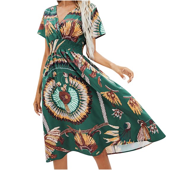Abcnature Womens Maxi Dress Savings Clearance Deals, Women Short Sleeve V-Neck Floral Printed Dress Plus Size Summer Casual Long Dresses, Wedding Guest Dresses Beach Party Dress Green XL