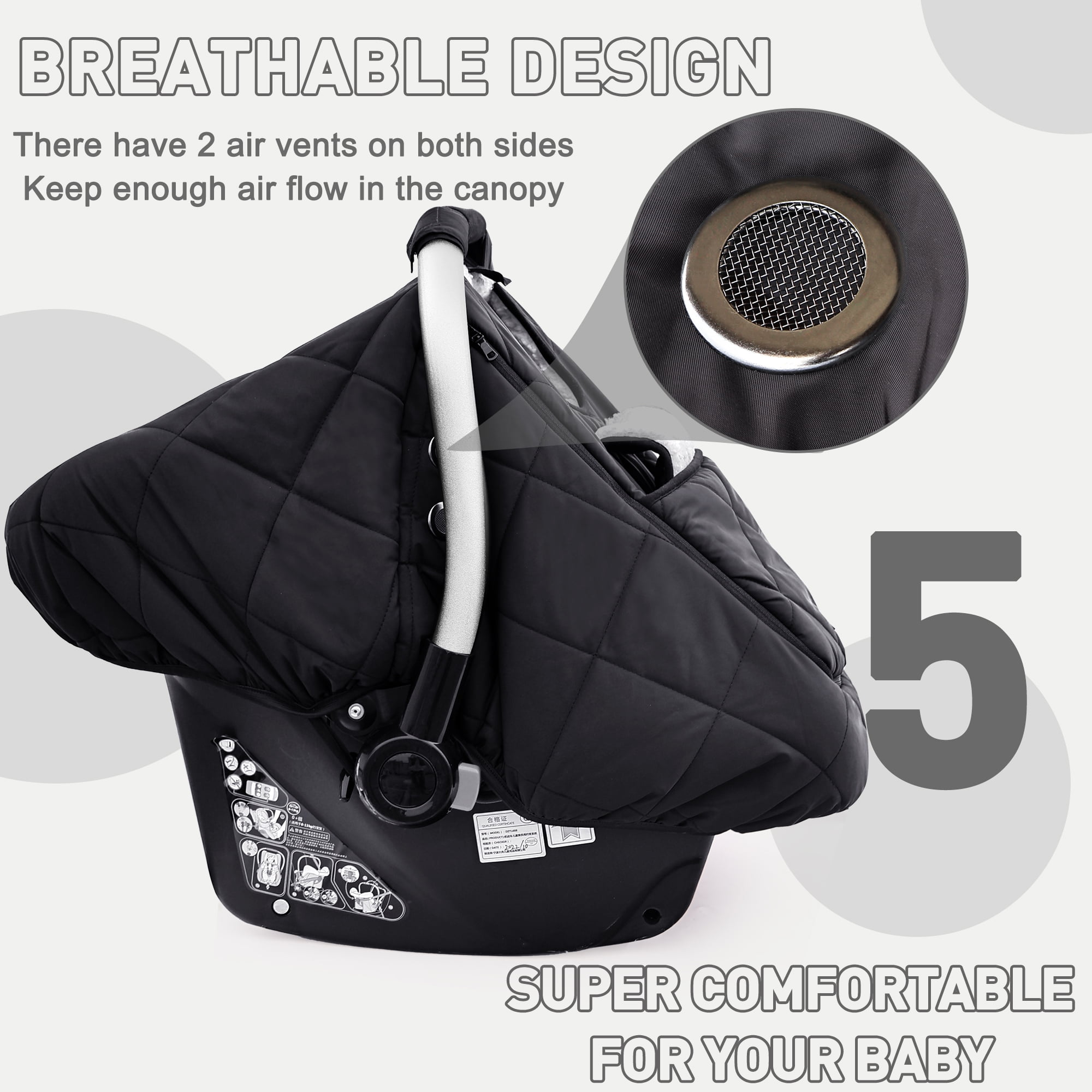 Winter Baby Car Seat Cover, Waterproof Winter Infant Carseat Canopy for Boys Girls, Cold Weather Warm Car Seat Covers for Babies, Keeps Babies Warm and Cozy (Black)
