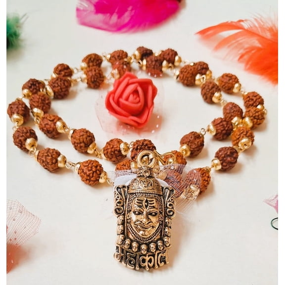 Kamada Combination of Shri mahakal gold necklace mala and Tulsi (basil) mala,Spritual Pendant Necklace for Women and Men