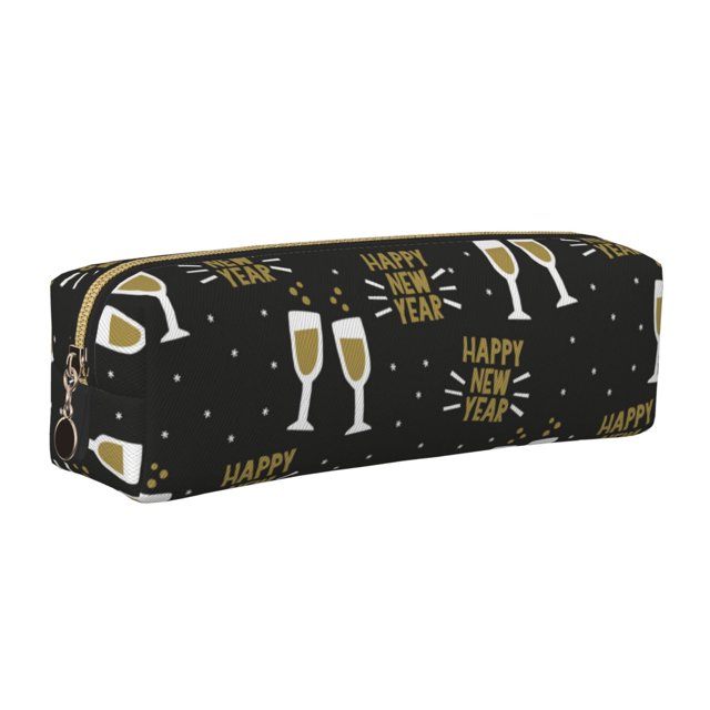 Balery Happy New Year Estuche de Lápices de Cuero Impreso, Estuche para Suministros de Arte, Estuche de Lápices con Cremallera, Estuche de Almacenamiento de Papelería