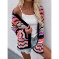 thumbnail image 4 of Women'S Multicolored Striped Crochet Knit Cardigan Crew Neck Flared Sleeve Button Y2K Sweater Coat Black S, 4 of 10
