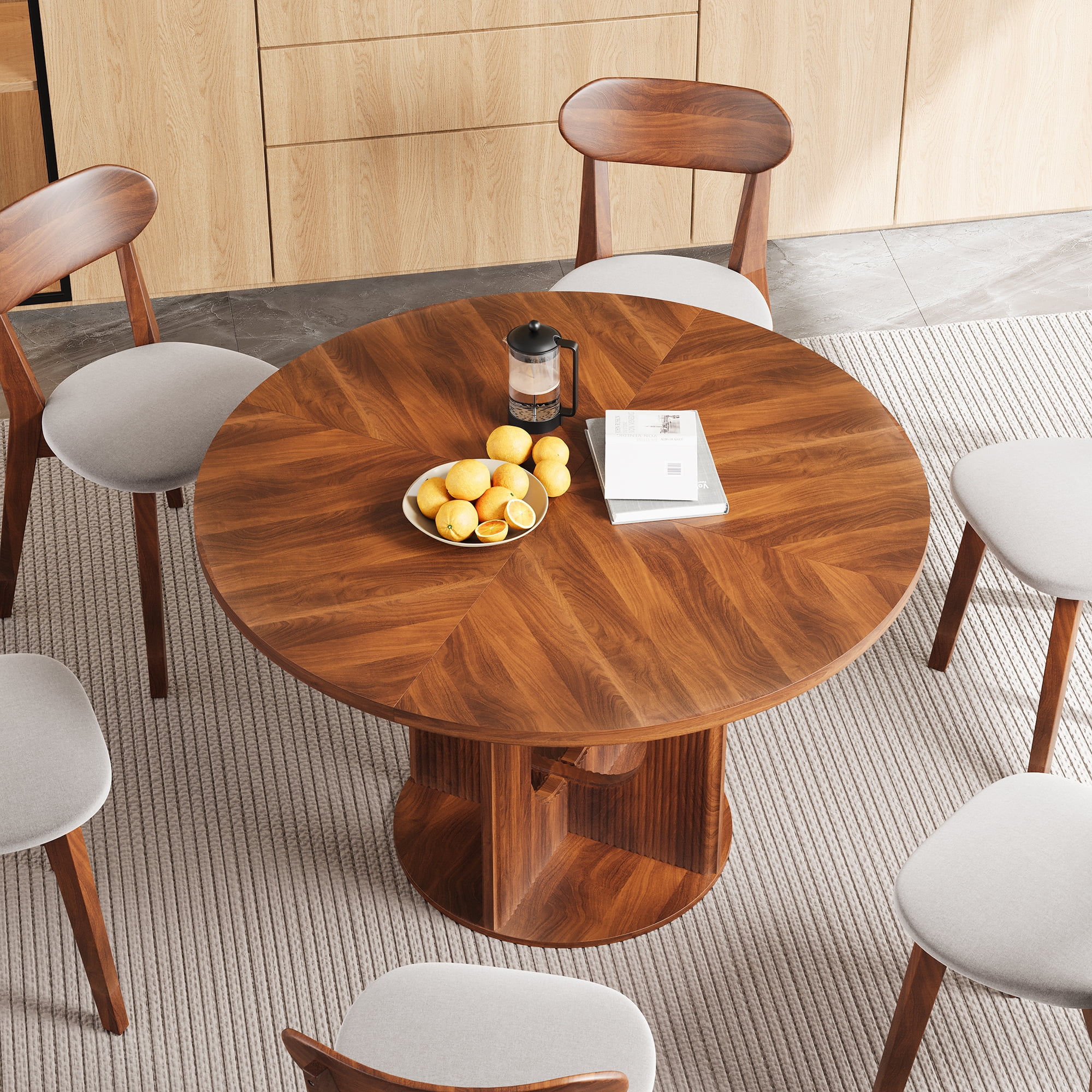 PHOYAL 47 inch Round Dining Table, Circle Kitchen Table for 4-6, Large Wood Dinner Table, Wooden Fluted Pedestal Dinning Table for Dining Room, Mid Century Modern Style, Walnut