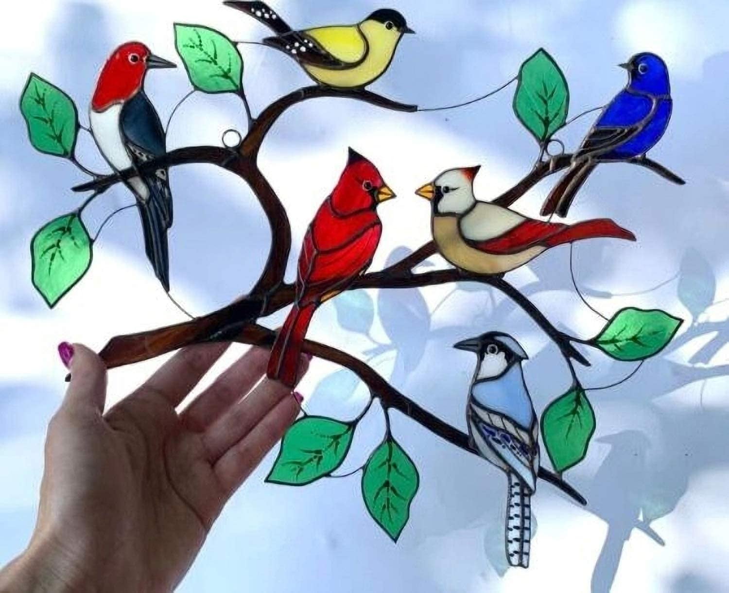 Bird Series Ornaments Pendant Home Decoration Multicolor Birds on a Wire High Stained Glass Suncatcher Window Panel Hanging for Windows Doors Home Decoration and Gifts 4 Birds