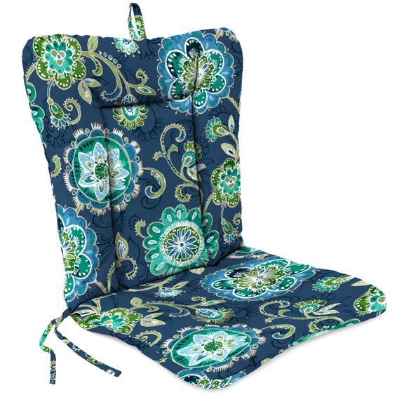 Jordan Manufacturing 38" x 21" Fanfare Capri Blue Floral Rectangular Outdoor Wrought Iron Chair Cushion with Ties and Hanger Loop