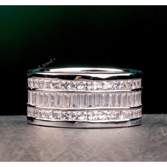 Full Eternity Diamond Wedding Band, Baguette Cut and Princess Cut Diamond Band, Wide Shank Channel Set Unisex Diamond Ring, 2.6 Ct Simulated Diamond, 925 Sterling Silver