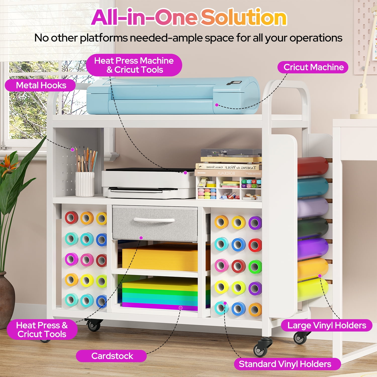 Large Rolling Craft Organization and Storage Cart with Vinyl Roll Holder & Hooks, Mobile Craft Organizer Workstation Compatible for Cricut Machines, Sewing Cricut Stand, Craft Room Storage Cabinet