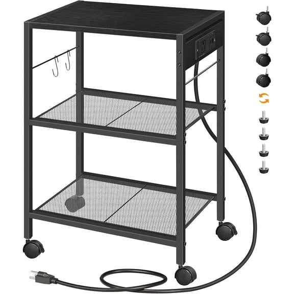 Industrial Printer Stand, 3-Tier Mobile Printer Table, Rolling Cart with Power Outlets and USB Ports, Home Printer Stand with 2 Hooks, for Office, Living Room, Rustic Brown