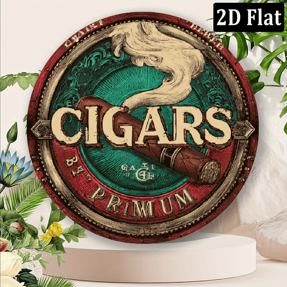 2D Flat, _Vintage Cigar Metal Sign - 8x8 Inch Round Luxury Tobacco Wall Art - Rustic Iron Decor for Cigar Lounge, Man Cave & Office - Premium Smoking Room Decor - Ideal Gift for Cigar Aficionados