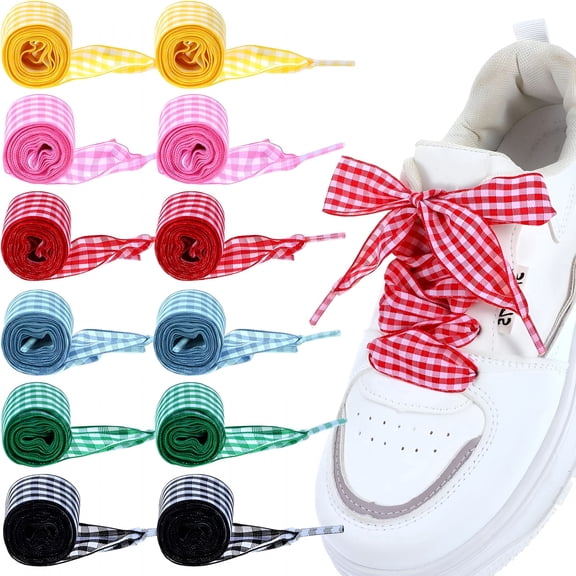 TELOLY 6 Pair Satin Ribbon Shoe Laces for Sneakers,Colored Gingham Flat Shoelaces for Women Cute Funny Ballet Shoe Strings Bag Decoration(6 Colors)
