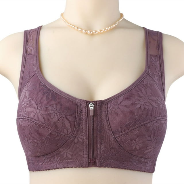 Abcnature Women's Bras Solid Large Lace Front Zipper Bras Wide Shoulder Strap Style Underwire Breathable Plus Size Bras