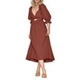 thumbnail image 2 of ZAXARRA Robe Midi d'Été pour Femmes Couleur Unie Col Carré Manches Lanterne Taille Haute Robe Décontractée Robe de Plage Vacances, 2 of 6
