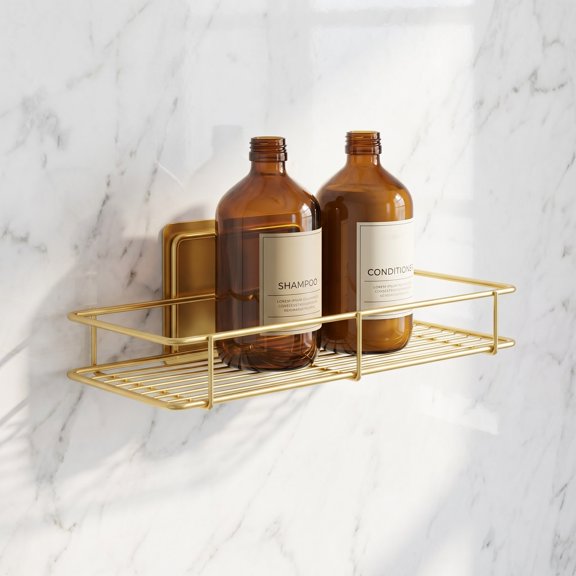 GOOHOCHY Wall Mounted Golden Iron Bathroom Organizer Shelf No Drilling Shower Storage