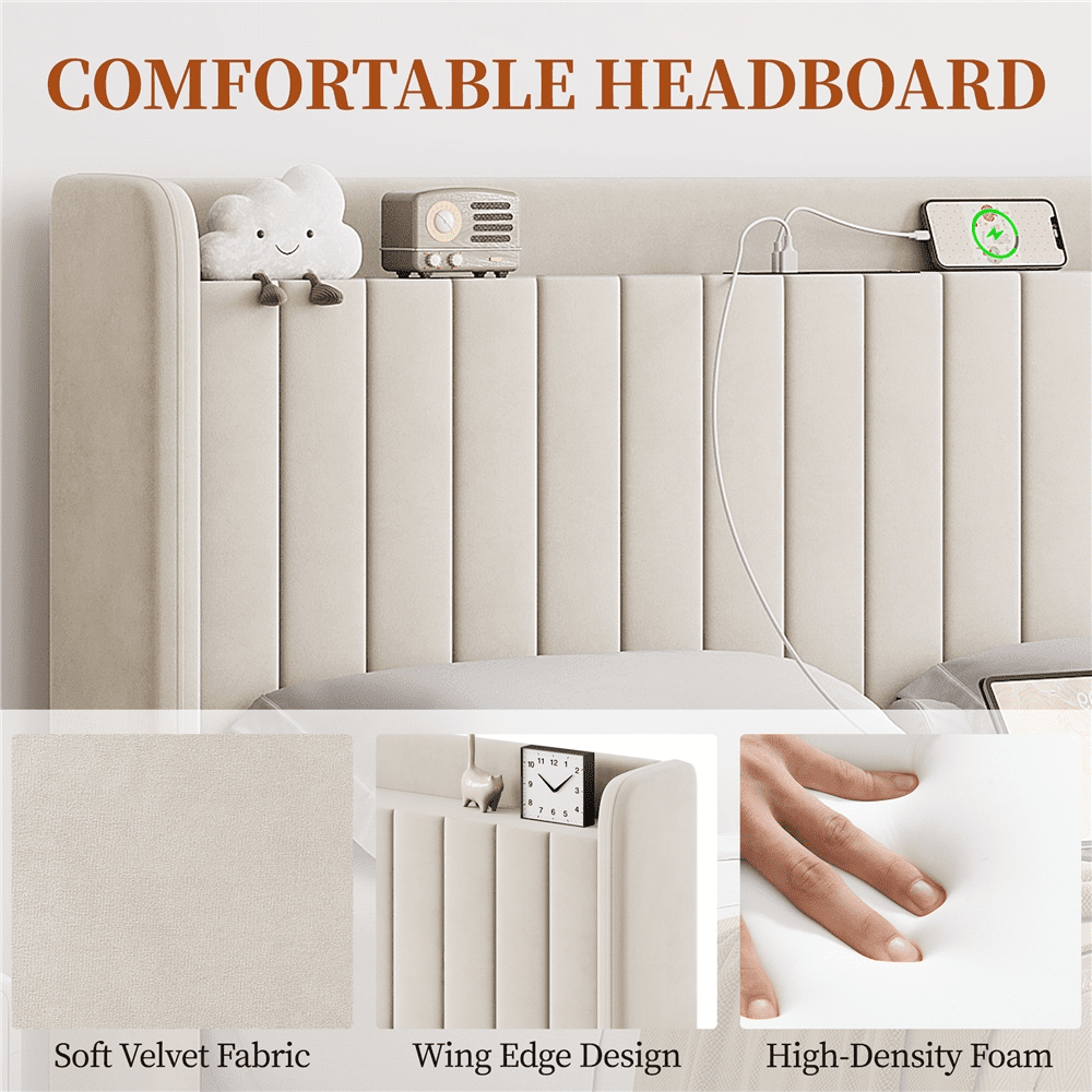 Fullfurnique Velvet Upholstered Bed Frame with Charging Outlets & USB Ports, Queen, Beige