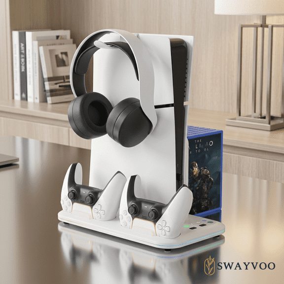 Swayvoo Multifunction Vertical Stand for PS5 Pro and PS5 Slim, Cooling Fan, Dual Controller Charging Dock, USB Hub, Console Organizer White