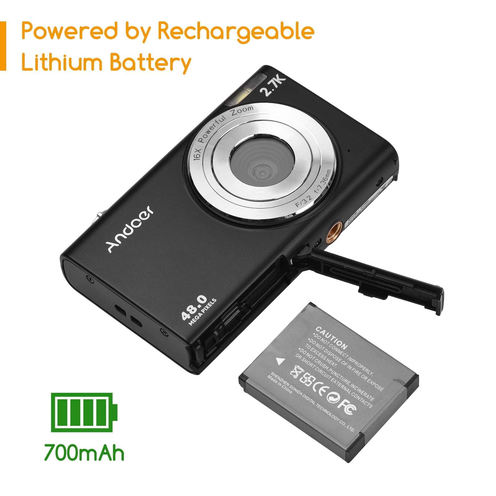 Andoer 2.7K Digital Camera Compact Video Camcorder 48MP Auto Focus 2.88 Inch IPS Screen 16X Zoom -shake Face Detact Smile Capture Built-in LED Fill Light with Carry Bag Wrist Strap 2pcs Batt