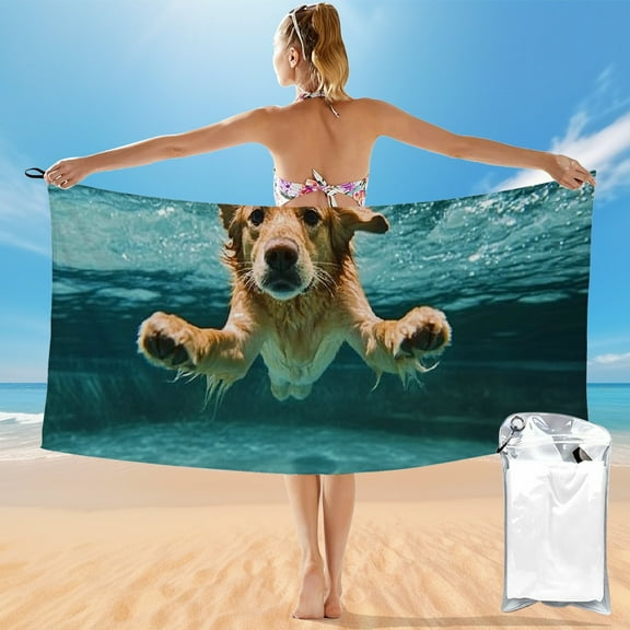 Autua  Beach Towel Underwater Dog Towel Funny Golden Retriever Towels, Sand Free Oversized Cool Beach Towel for Women Men Kids, Quick Dry Bath Towel for Swim/Surf/Pool,  55x27.5in