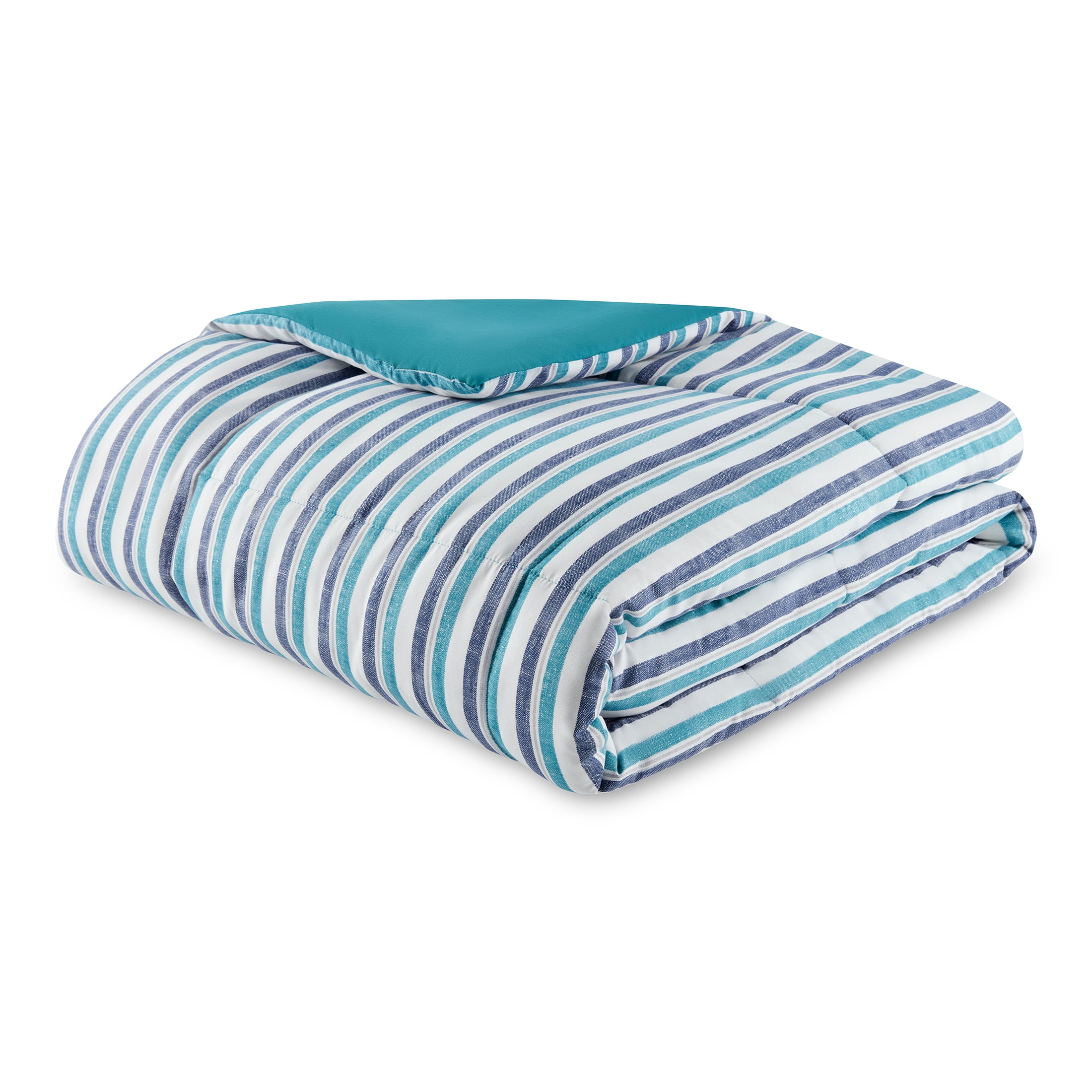 Mainstays All in One Reversible Comforter and Sheet Set- 7 Piece, King, Blue Pinstripe
