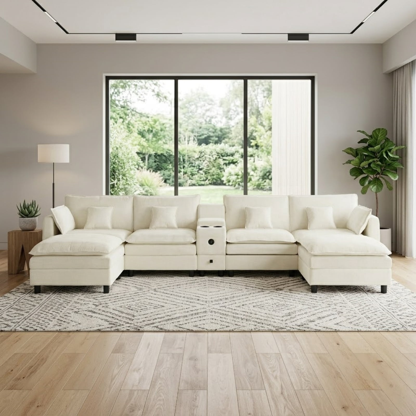 Modular U-Shaped Sectional Sofa with Reversible Chaise, USB Charging Ports & Storage Drawer, 6-Seater Sofa Couch with Flip-Top Cup Holder Console, Arm Pockets & Detachable Cushions