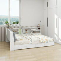 Wood Full Size platform bed with Storage Headboard, Shelves and 2 Drawers, White