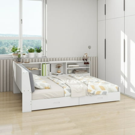 Wood Full Size platform bed with Storage Headboard, Shelves and 2 Drawers, White