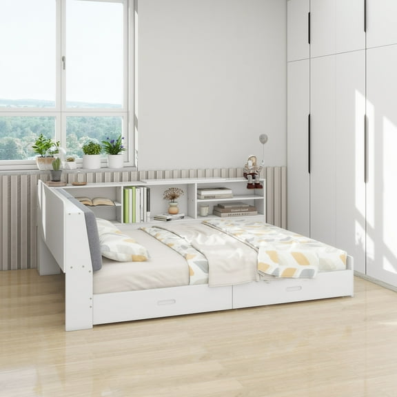 Wood Full Size platform bed with Storage Headboard, Shelves and 2 Drawers, White