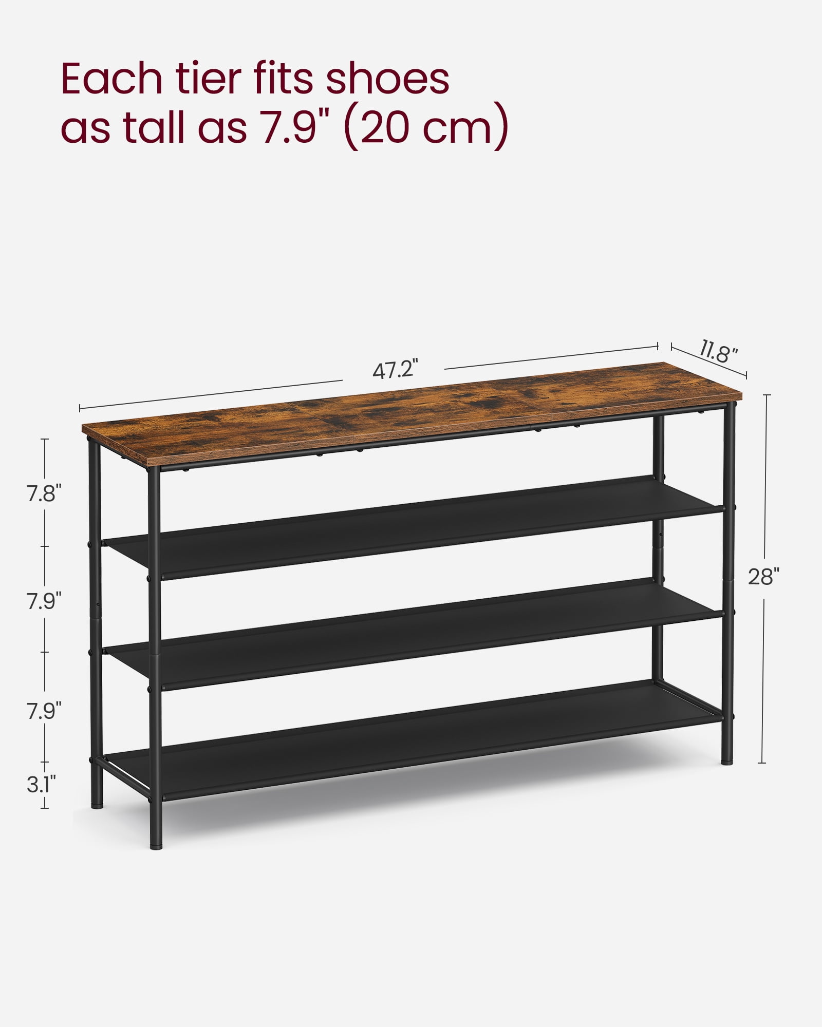 VASAGLE 4 Tier Shoe Rack for 15-18 Pairs,Shoe Organizer with Fabric Shelves and Wooden Top,  Rustic Brown/Black
