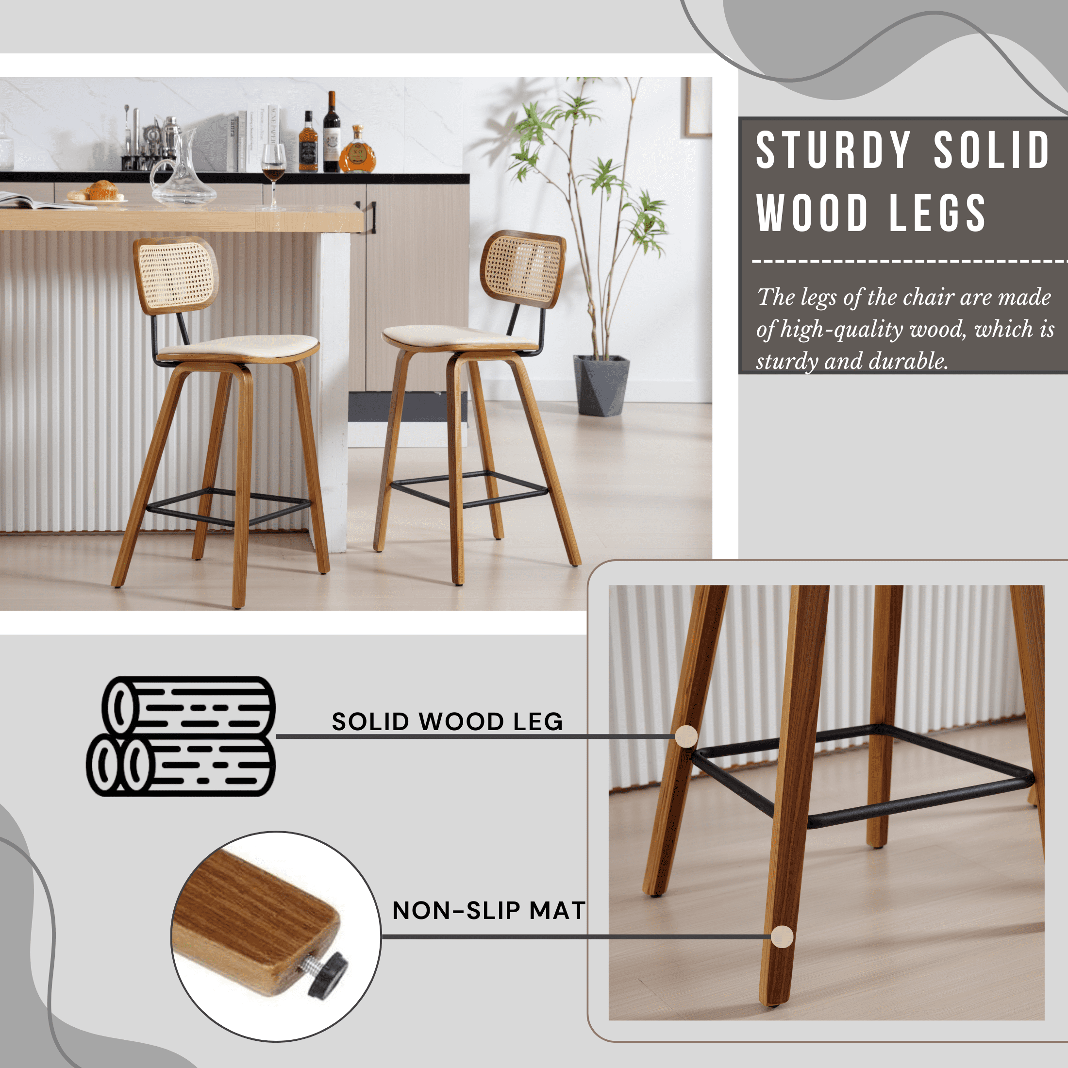 Guyou Rattan Counter Height Bar Stool Set of 2, 26" Wooden Kitchen Island Chairs with Cane Backrest and Bentwood Legs, Modern PU Upholstered Barstools for Dining Room Bars Coffee Shops, Beige
