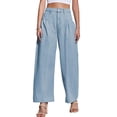 thumbnail image 3 of Loose Women High Waist Casual Jeans Boyfriend Wide Leg Side Pleat Denim Trousers, 3 of 6